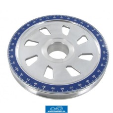 Aluminiowe koło pasowe wału korbowego z niebieską krawędzią i wygrawerowanym oznaczeniem